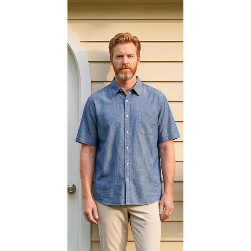 St Johns Bay Mens 6XL Blue Chambray Short Sleeve Button Down Shirt Classic Fit